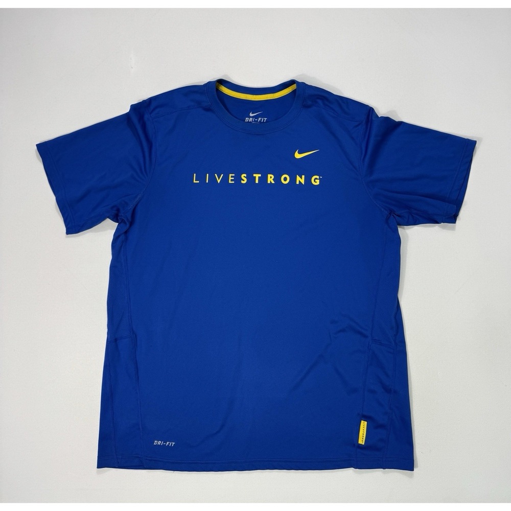 Nike Livestrong Dri-Fit T Shirt Blue Yellow Logo Mens XL 395180-464 Workout Tee